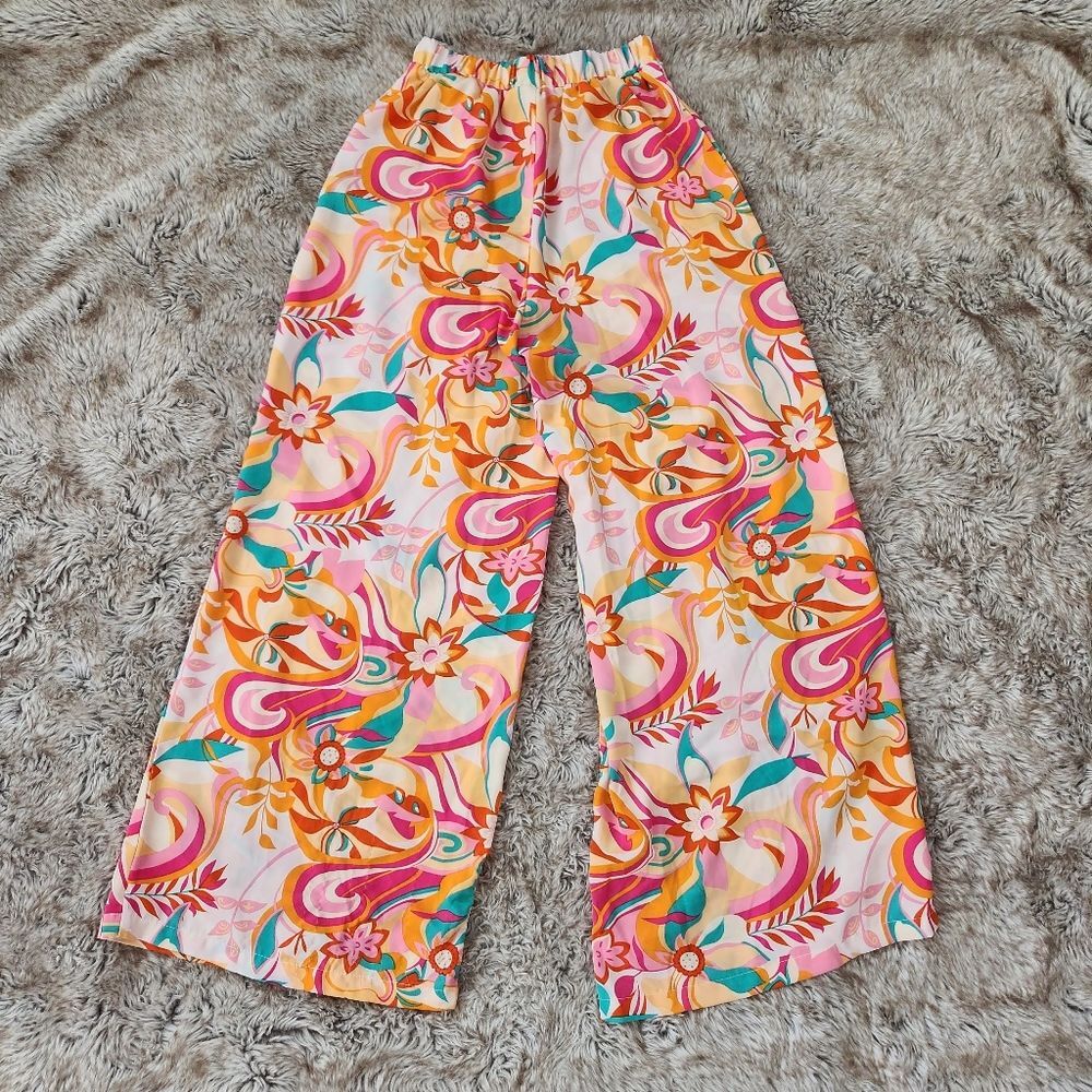 Unbranded Colorful Retro Floral Print Wide‎ Leg Elastic Waist Pants Size Small